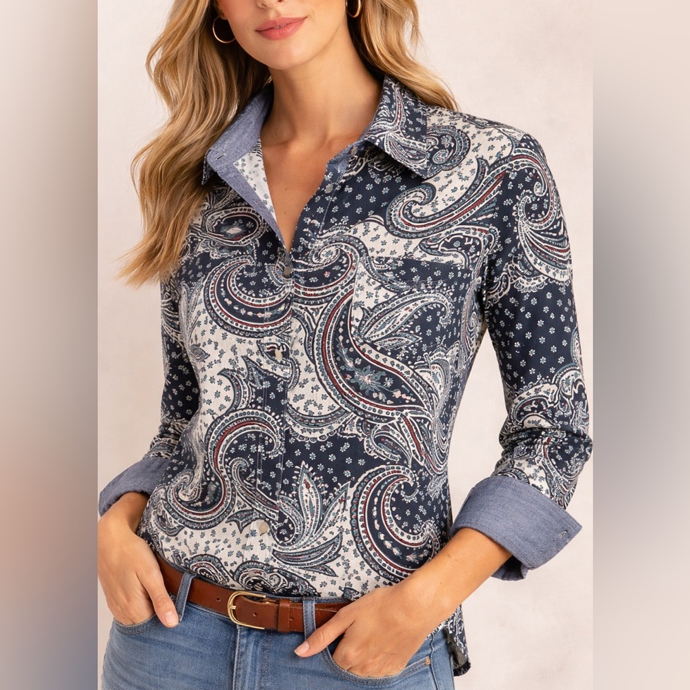 Tommy Hilfiger Paisley Button Front Shirt XS Blue White Long Sleeve Blouse